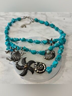 Turquoise Beaded Necklace with Silver Sea Charms Vintage 90s